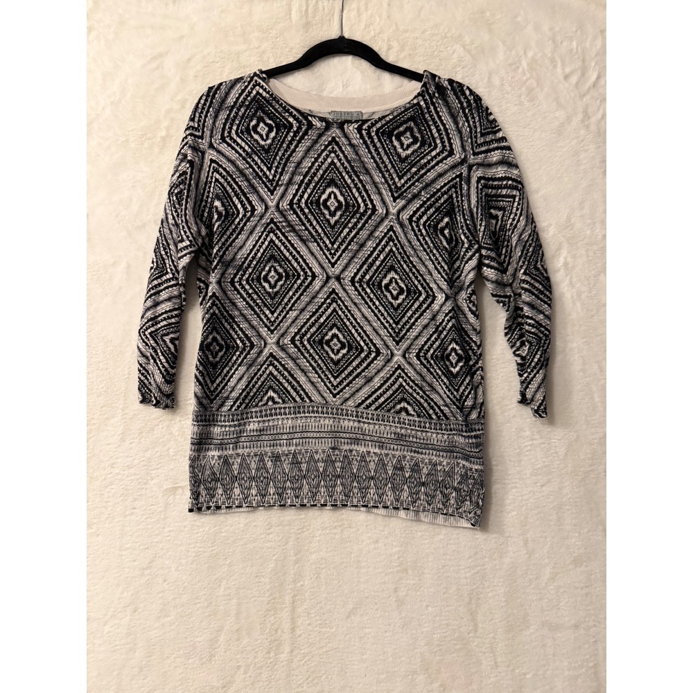 Joseph A Womens Black White Geometric Diamond Knit Sweater 3/4 Sleeve Large